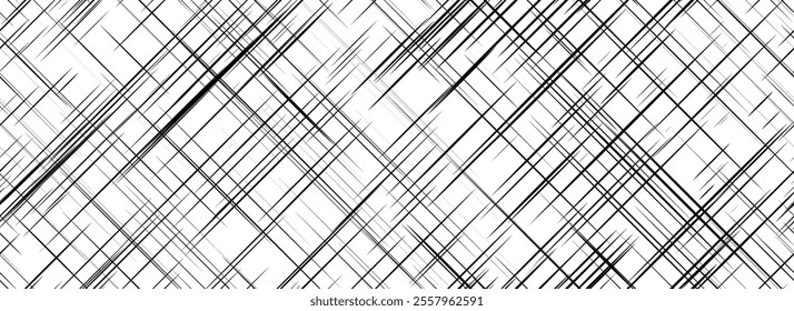 Black cross hatch seamless texture. Diagonal line repeating pattern surface. Rough sackcloth or burlap fabric background. Crosshatch linen canvas material overlay wallpaper. Vector backdrop