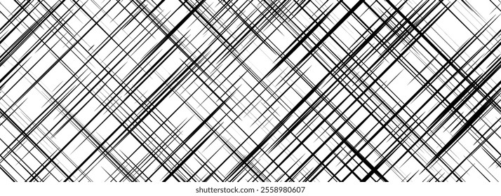 Black cross hatch seamless texture. Diagonal line repeating pattern surface. Rough sackcloth or burlap fabric background. Crosshatch linen canvas material overlay wallpaper. Vector textile backdrop