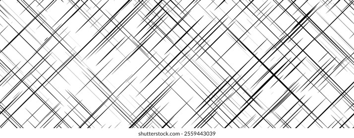 Black cross hatch seamless texture. Diagonal line repeating pattern surface. Rough sackcloth fabric background. Crosshatch linen canvas burlap material overlay wallpaper. Vector textile backdrop