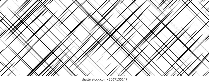 Black cross hatch seamless texture. Diagonal line repeated pattern surface. Rough sackcloth fabric background. Crosshatch linen canvas burlap overlay wallpaper. Vector textile patern backdrop