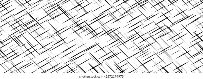 Black cross hatch seamless texture. Diagonal line repeated pattern surface. Rough sackcloth fabric background. Crosshatch linen canvas burlap overlay wallpaper. Vector textile cloth backdrop