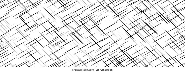 Black cross hatch seamless texture. Diagonal line repeated pattern surface. Rough sackcloth fabric background. Crosshatch linen canvas burlap overlay wallpaper. Vector homespun textile cloth backdrop