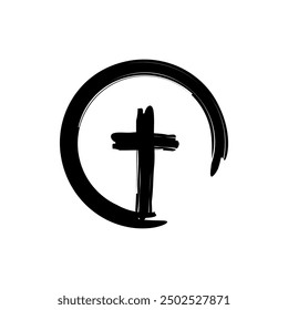 Black cross icon. Brushstroke circle. Religious symbol. Vector illustration.