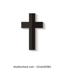 Black cross icon with realistic shadow isolated on white background - Christian religion symbol logo and spirituality sign - graphic vector illustration