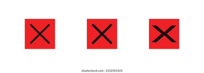 Black cross icon in red box. Cross mark. Cross icon.