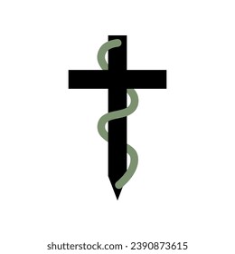 Black cross with ivy icon flat vector design