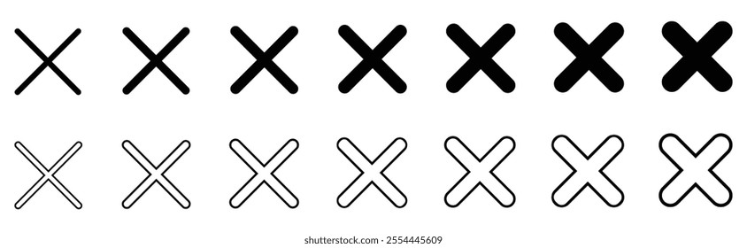 black Cross mark icon set. Cross icon. Negative selection mark. Vector illustration. Set of various types cross makr icon. reject icon with rounded corners. different types, sizes of cross mark symbol