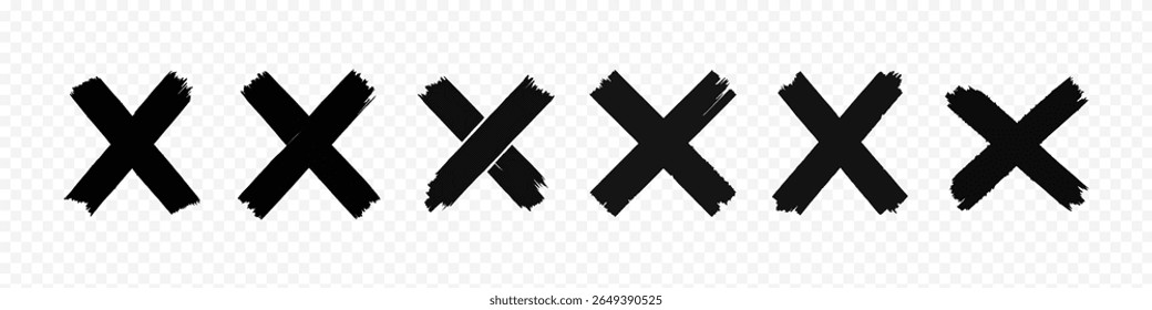Black Cross Mark Icon Set – Hand-Drawn Brushstroke Style Indicators for Dismissal or Error in Dark Theme UI, Cross Mark vector, Cross Mark icon set
