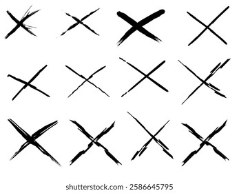 Black cross mark set, hand-drawn vector illustration set with line thickness variations for various design purpose	