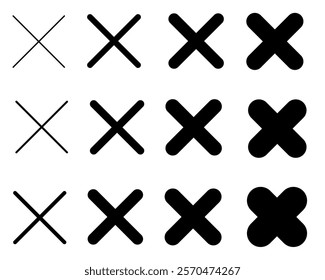 Black cross mark set with rounded corner. vector illustration set with line thickness variations for various design purpose