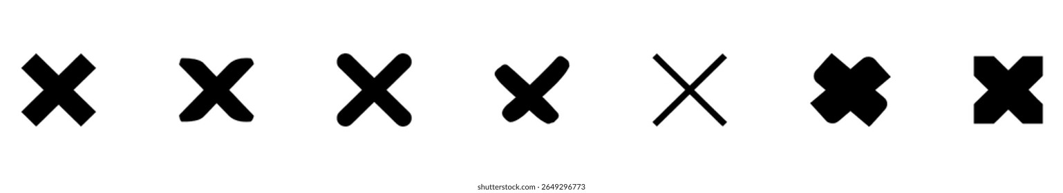 Marca de cruz preta em vários estilos. Pincel manual X marca, cancelar, errado e fechar ícone ilustração de vetor de elemento. Marcador grunge esboço estilo símbolos cruzados e rejeitar caixas de verificação coleção. EPS 10