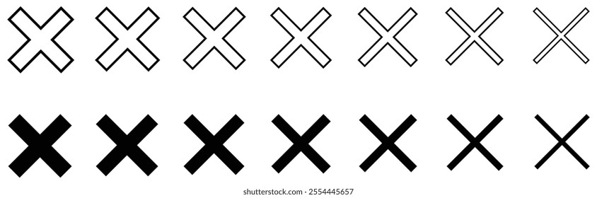 black Cross marks. Cross icon. Negative selection mark. Vector illustration. Set of various types cross makr icon. set of cross mark icons with different sizes. set of reject, rejection icons.