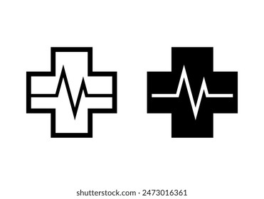Black cross medical heart beat icon flat vector icon