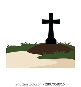 A black cross on a grave in a serene cemetery setting with green grass and dirt
