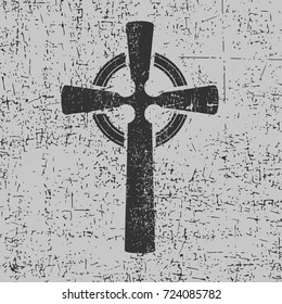 Black cross on grunge grey background. 