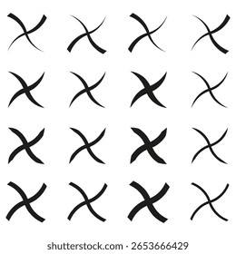 Black cross pattern. Dynamic stroke marks. White background grid. Vector deletion symbols. EPS 10.