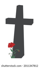  Black cross with red poppies. Memory symbol Cemetery headstone. Minimal vector illustration for Remembrance Day, Anzac Day. Isolated on white background
