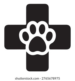 A black cross with rounded edges features a white paw print at its center, creating a striking contrast against the pure white background, symbolizing veterinary care or pet health.