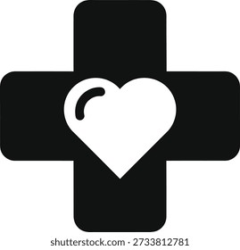 A black cross with rounded edges and a white heart at its center on isolated white background for medical or healthcare concepts and symbols