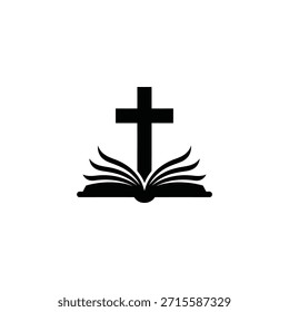 A black cross standing atop an open book a symbol of faith