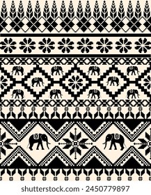 Black cross stitch with geometric pattern and elephant on vintage yellow background.