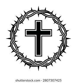 A black cross surrounded by a crown of thorns on a white background symbolizing faith and sacrifice in christianity