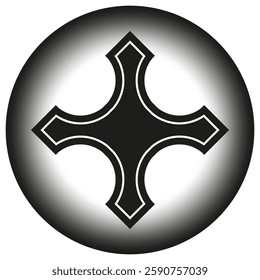 Black cross symbol. Round glossy emblem. Geometric vector design. Stylish graphic sign.