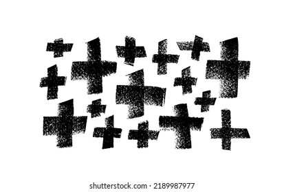 Black cross symbols drawn in charcoal. Hand drawn cross marks set isolated on white background. Vector charcoal geometric elements with black dry texture and rough edges. Grunge clip arts collection.