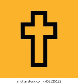 Black cross vector icon. Yellow background