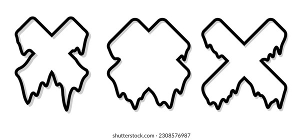 Black cross or X line shapes. Universal fashionable shapes style with liquid effect. Memphis cyberpunk geometric line icons. Vector illustration isolated on white background.