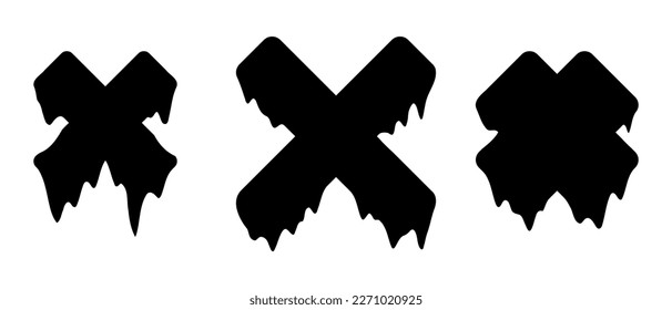 Black cross or X shapes. Universal fashionable shapes style with liquid effect. Memphis cyberpunk geometric icons. Vector illustration isolated on white background.