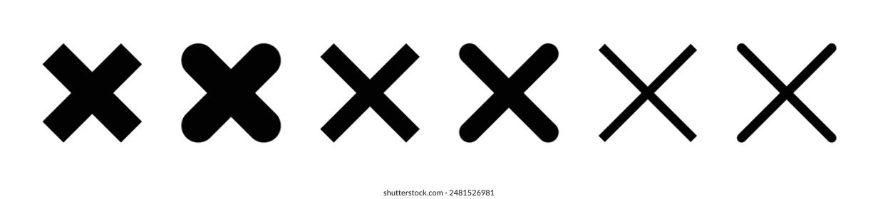 Black cross x vector icon set. No, wrong symbol. Cancel icon set. Ban sign vector illustration. Delete, vote sign. Black cross sign set. Wrong mark collection. Black cross X symbol.