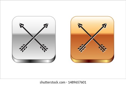 Black Crossed arrows icon isolated on white background. Silver-gold square button. Vector Illustration