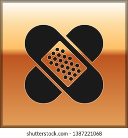 Black Crossed bandage plaster icon isolated on gold background. Medical plaster, adhesive bandage, flexible fabric bandage. Vector Illustration