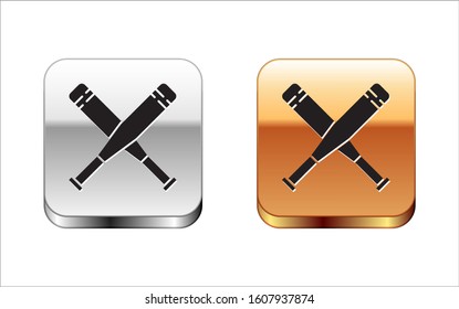 Black Crossed baseball bat icon isolated on white background. Silver-gold square button. Vector Illustration