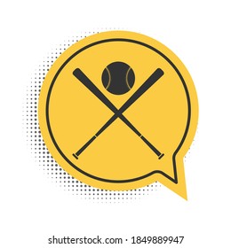Black Crossed baseball bats and ball icon isolated on white background. Yellow speech bubble symbol. Vector.