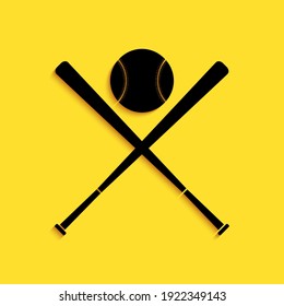 Black Crossed baseball bats and ball icon isolated on yellow background. Long shadow style. Vector.