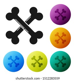 Black Crossed bones icon isolated on white background. Pets food symbol. Happy Halloween party. Set icons colorful circle buttons. Vector Illustration