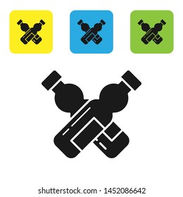 Black Crossed bottle of water icon isolated on white background. Soda aqua drink sign. Set icons colorful square buttons. Vector Illustration