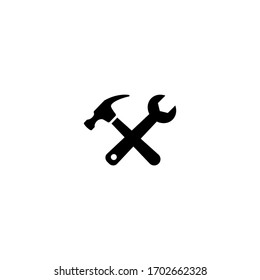 Black crossed carpenter hammer and spanner. Handyman, locksmith, joiner claw hammer tool and wrench  for repair and maintenance. Flat icon isolated on white. Vector illustration.