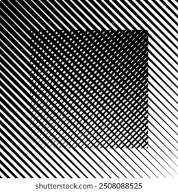 Black crossed diagonal spiky lines on white background. Parallel transverse stripes inclined at angle of 45 degree. Tilted straight strips print with halftone effect. Vector graphic illustration.