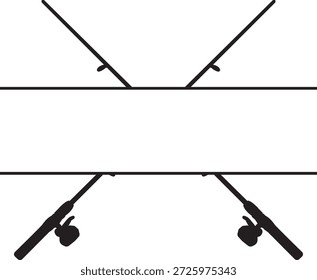 Preto cruzado varas de pesca divisão monograma ilustração vetor. Ícone de ângulo minimalista com um quadro de placa de nome horizontal e silhueta em negrito isolado no fundo branco. Gráficos profissionais para marca ao ar livre, presentes personalizados para pescadores e corte de vinil.