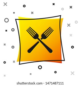 Black Crossed fork icon isolated on white background. Cutlery symbol. Yellow square button. Vector Illustration