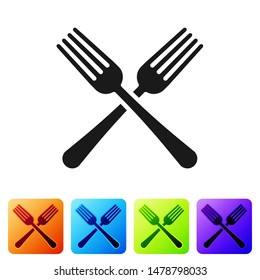 Black Crossed fork icon isolated on white background. Cutlery symbol. Set icon in color square buttons. Vector Illustration