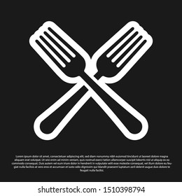 Black Crossed fork icon isolated on black background. Cutlery symbol.  Vector Illustration