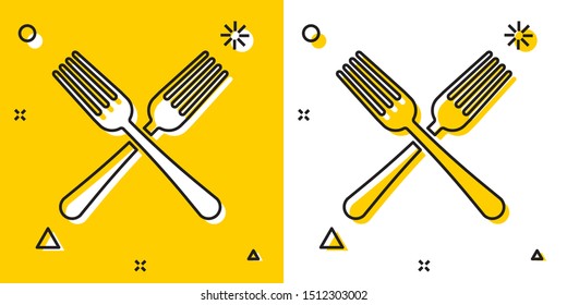 Black Crossed fork icon isolated on yellow and white background. Cutlery symbol. Random dynamic shapes. Vector Illustration