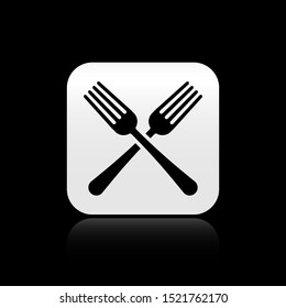 Black Crossed fork icon isolated on black background. Cutlery symbol. Silver square button. Vector Illustration