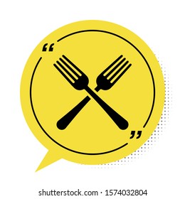 Black Crossed fork icon isolated on white background. Cutlery symbol. Yellow speech bubble symbol. Vector Illustration