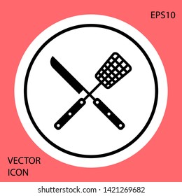 Black Crossed fork and knife icon isolated on red background. BBQ fork and knife sign. Barbecue and grill tools. White circle button. Vector Illustration
