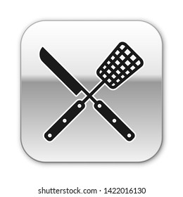 Black Crossed fork and knife icon isolated on white background. BBQ fork and knife sign. Barbecue and grill tools. Silver square button. Vector Illustration